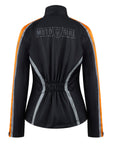 Black jacket with orange and gray accents on a white background, featuring 'Moto Girl' branding.
