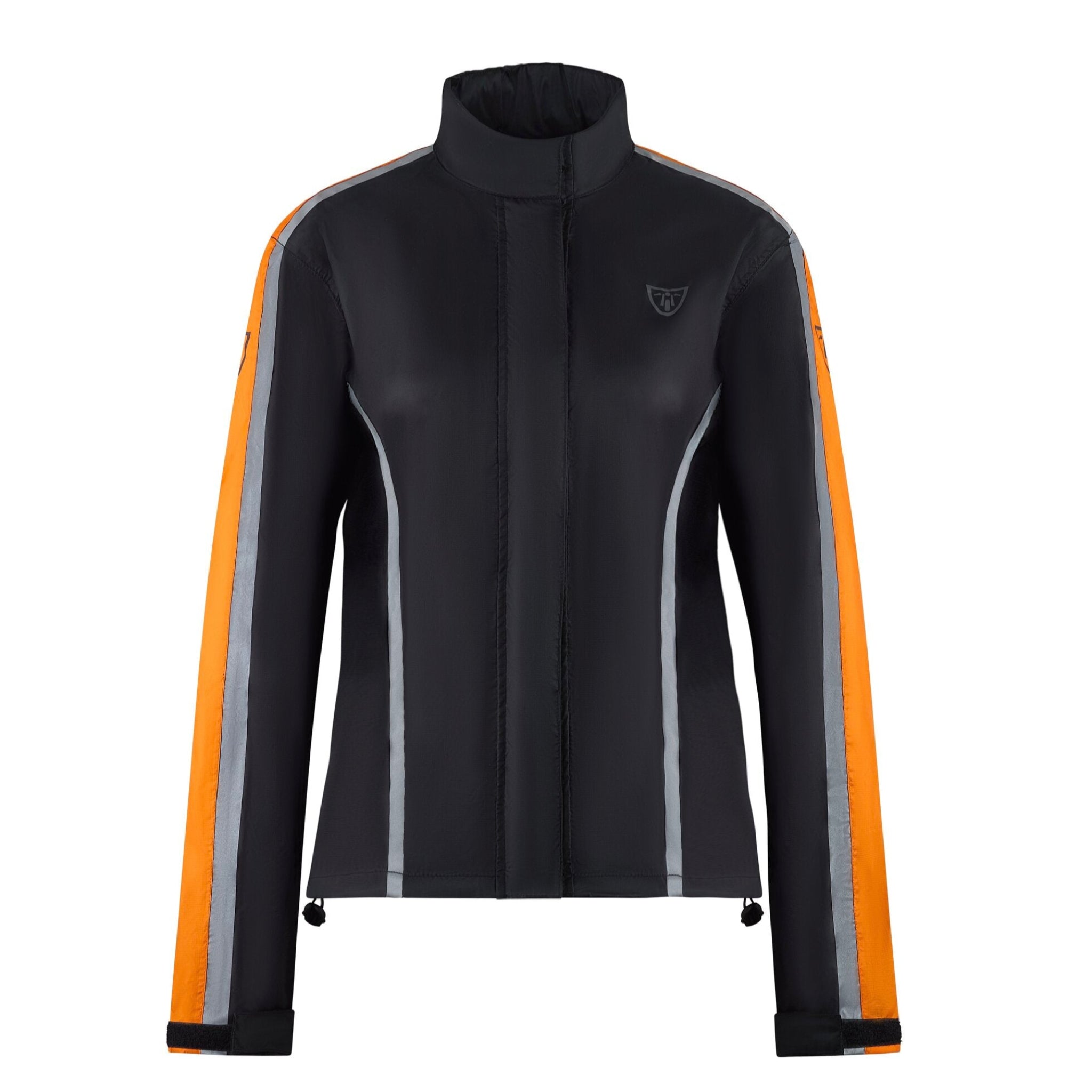 Black jacket with orange and gray accents on a white background