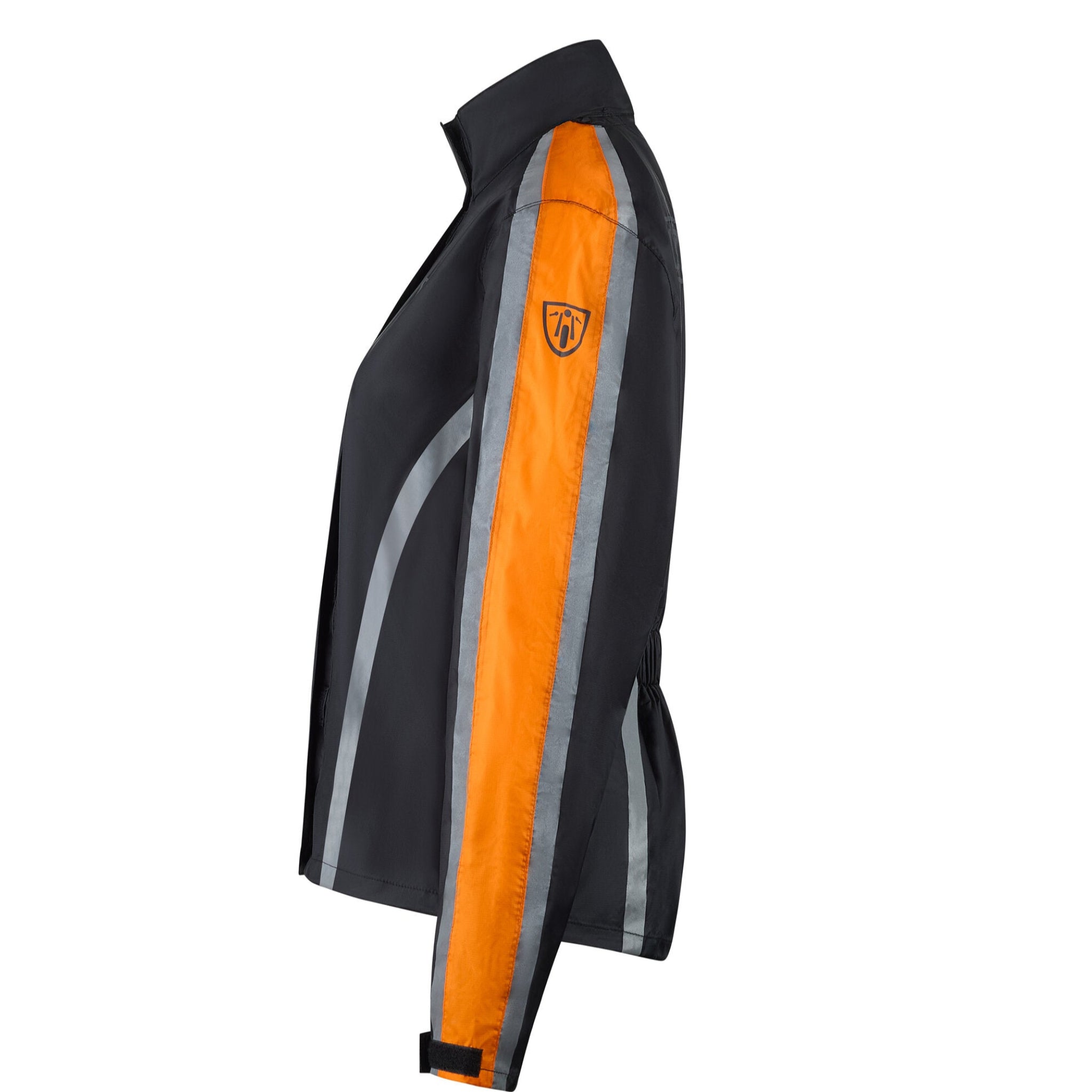 Side view of a black jacket with orange and gray accents on a white background