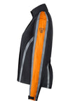 Side view of a black jacket with orange and gray accents on a white background