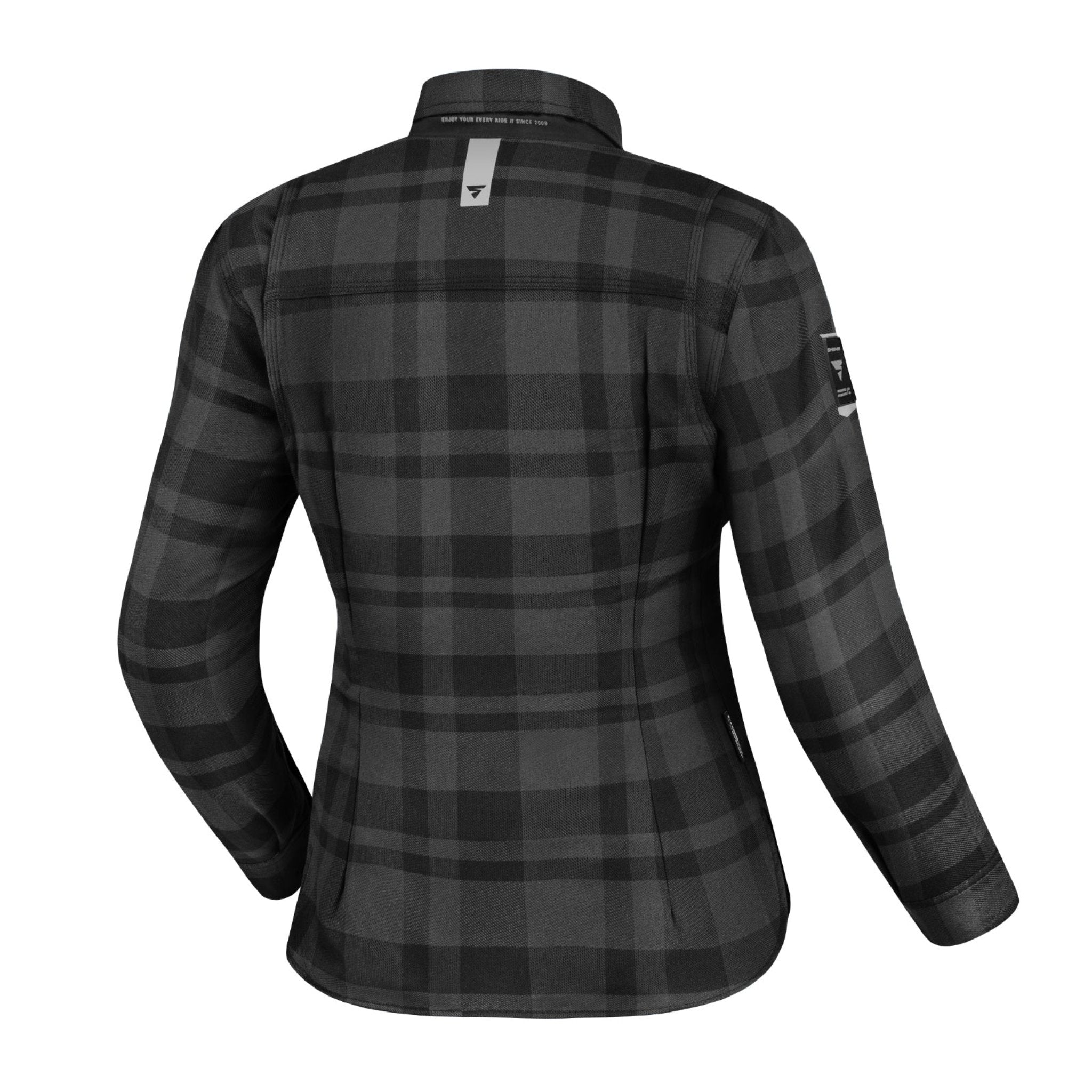 Black and grey lumberjack style women's motorcycle shirt from Shima 