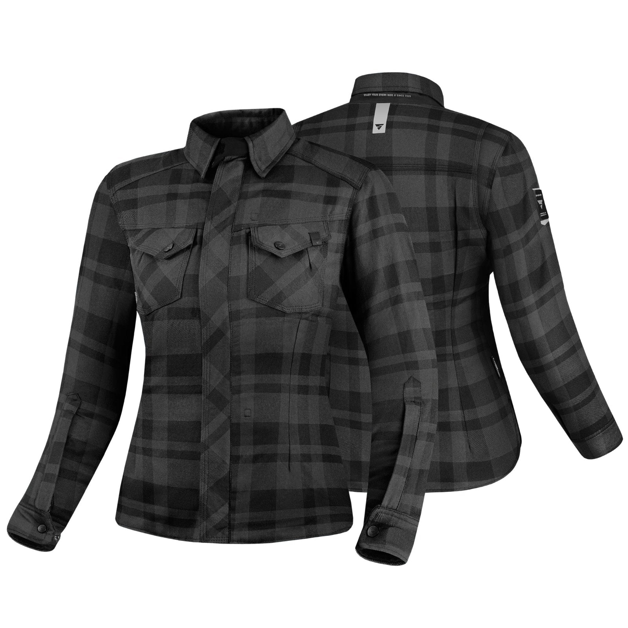 Black and grey lumberjack style women's motorcycle shirt from Shima 