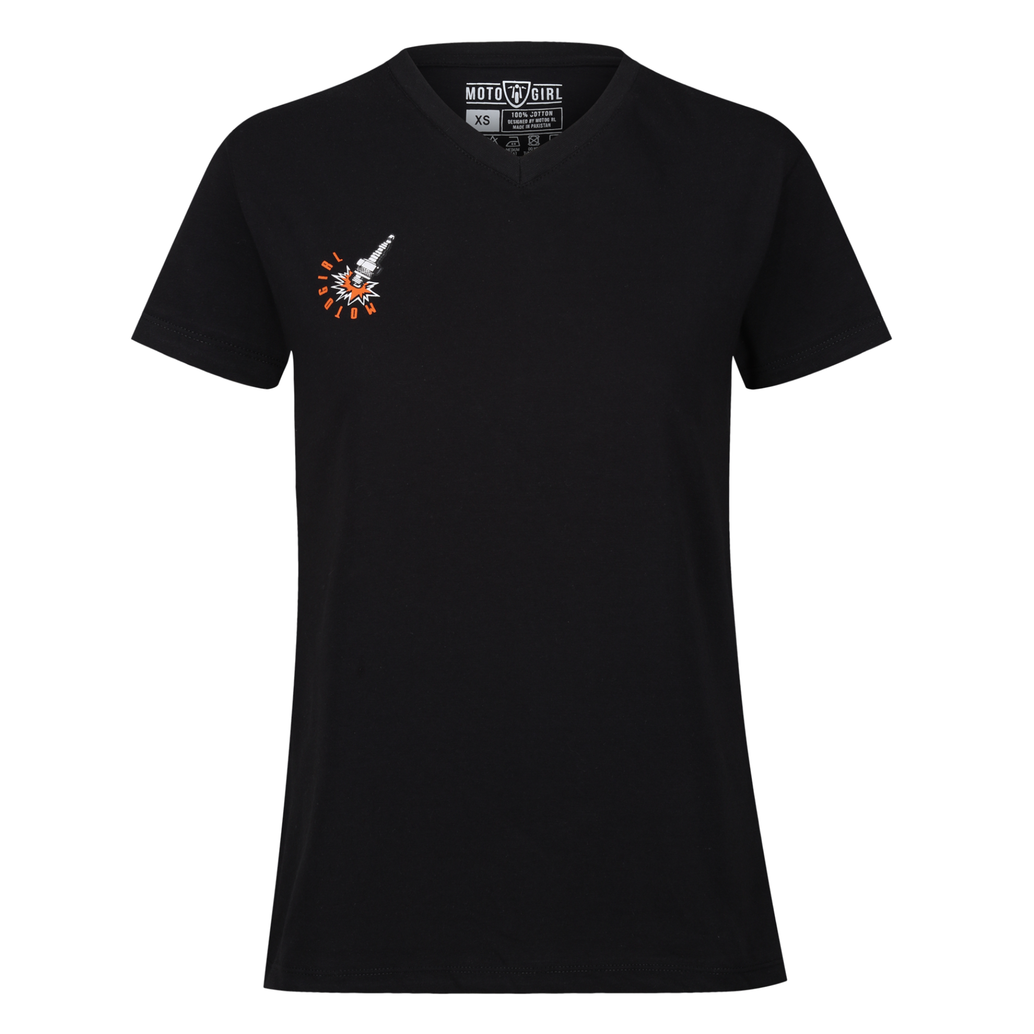 black t-shirt wih orange text logo from moto girl