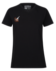 black t-shirt wih orange text logo from moto girl