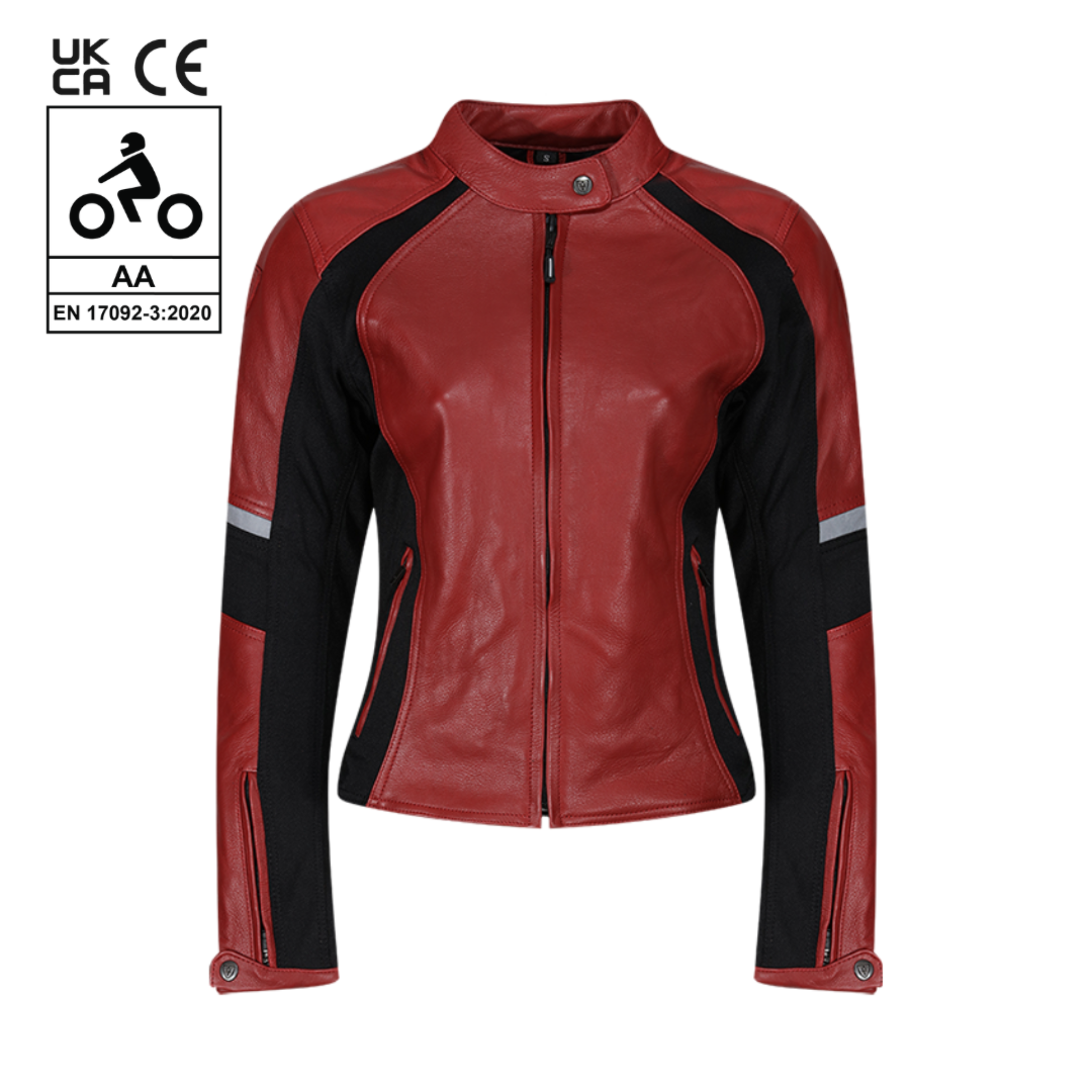 Red leather women's motorcycle jacket with reflectors on the sleeves from Moto Girl, featuring safety ratings