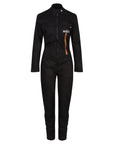 Black garage suit for women from MotoGirl from front and with red, orange and yellow stripe details