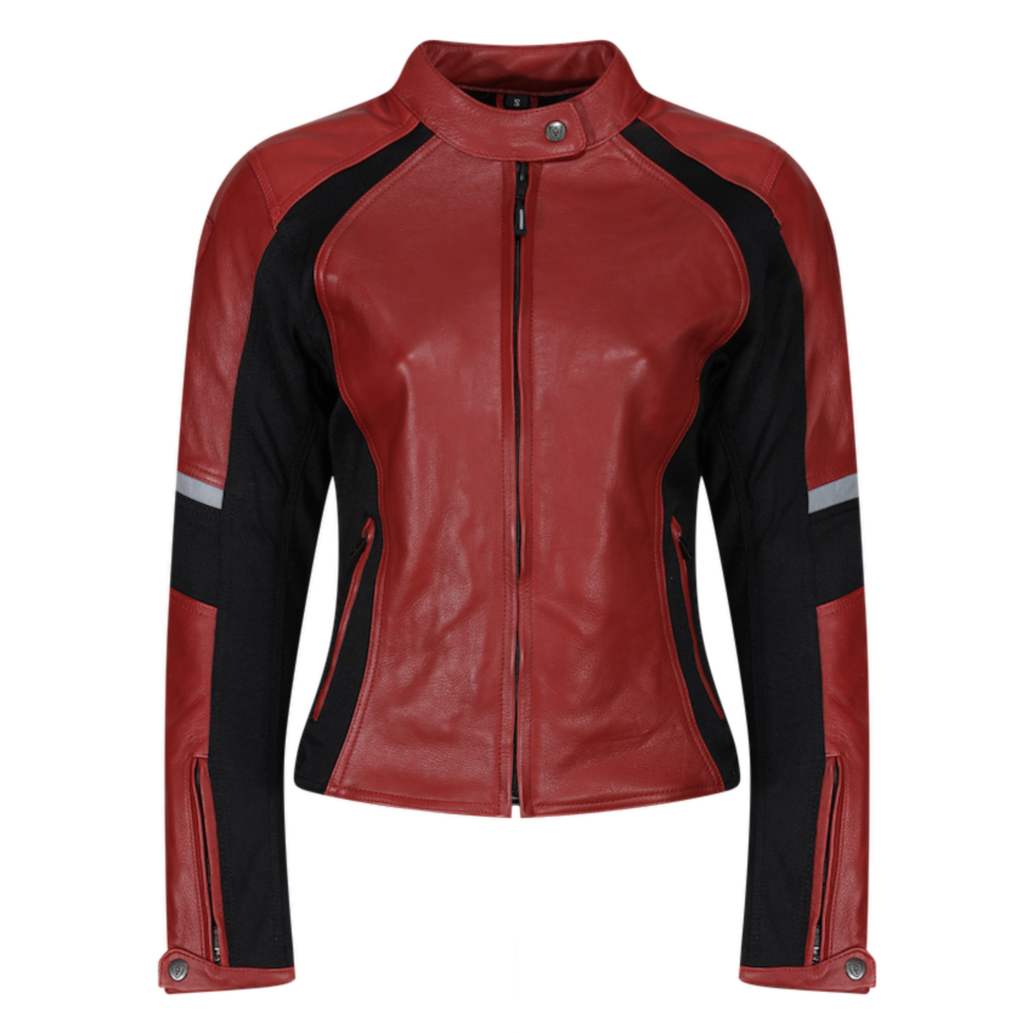 Red leather women's motorcycle jacket with reflectors on the sleeves from Moto Girl