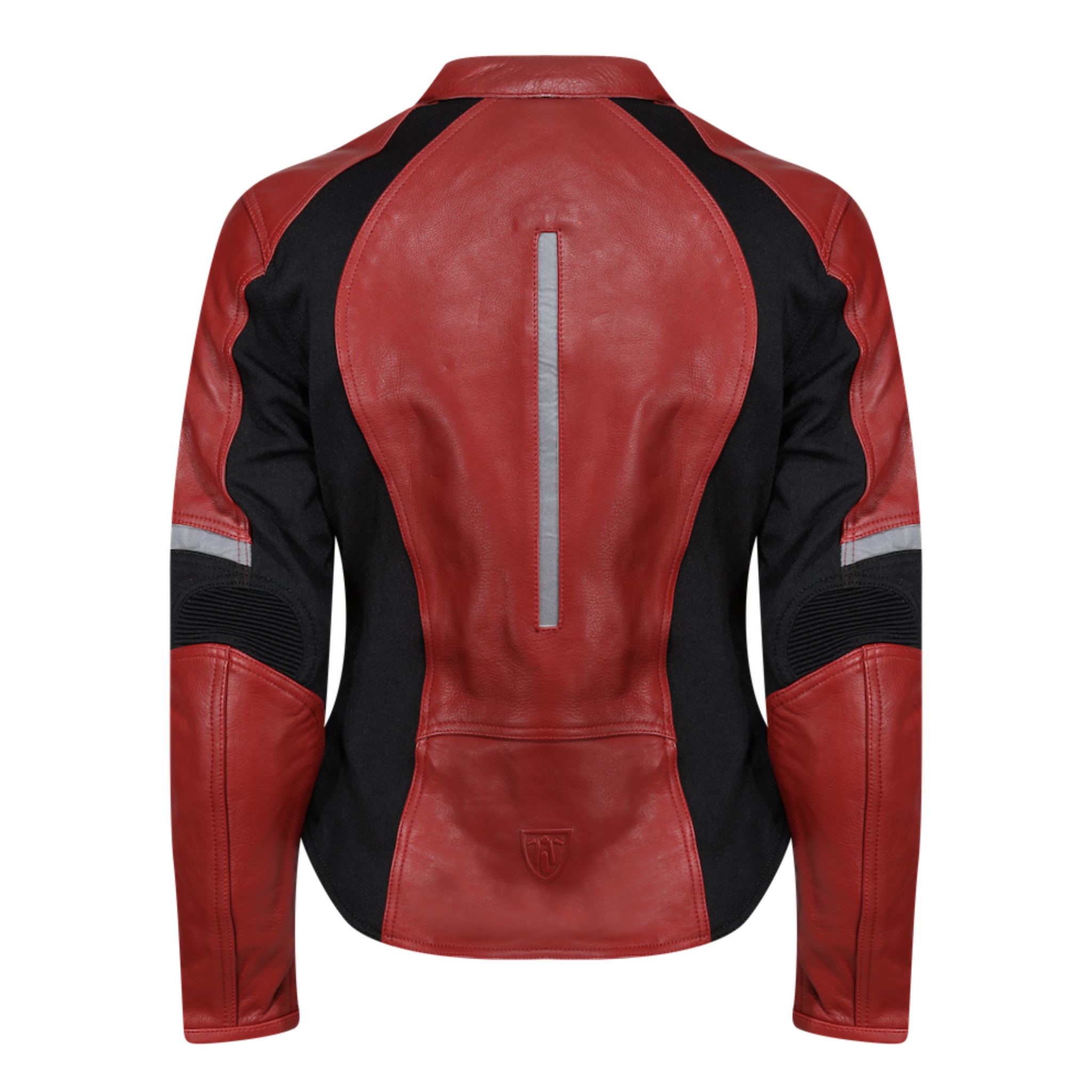 The back of a red leather women's motorcycle jacket with reflectors on the back and sleeves from Moto Girl.