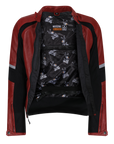 Red open leather motorcycle jacket with the interior visible, for women from Moto Girl