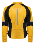 The back of a yellow leather women's motorcycle jacket with reflectors on the back and sleeves from Moto Girl