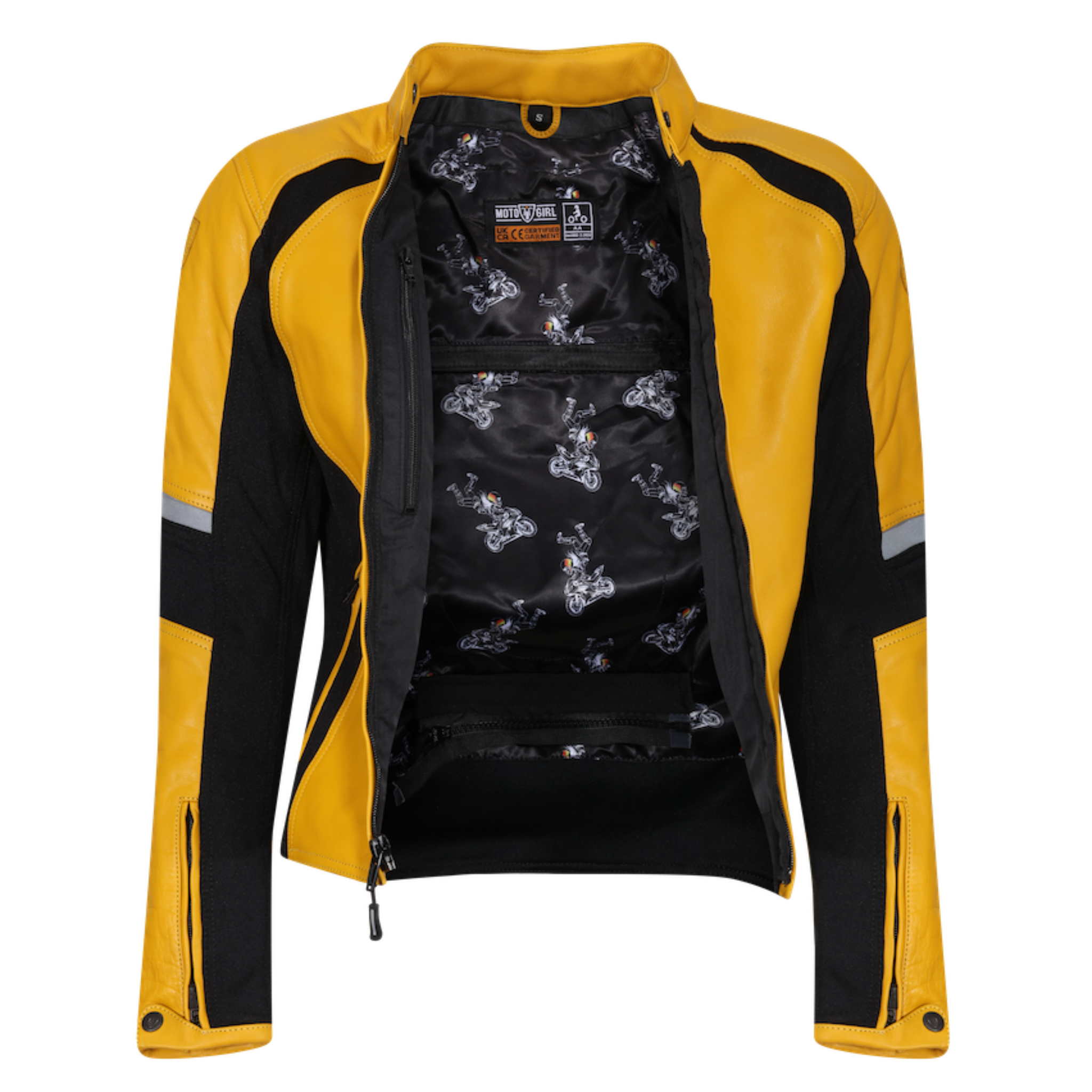 yellow open leather motorcycle jacket with the interior visible, for women from Moto Girl