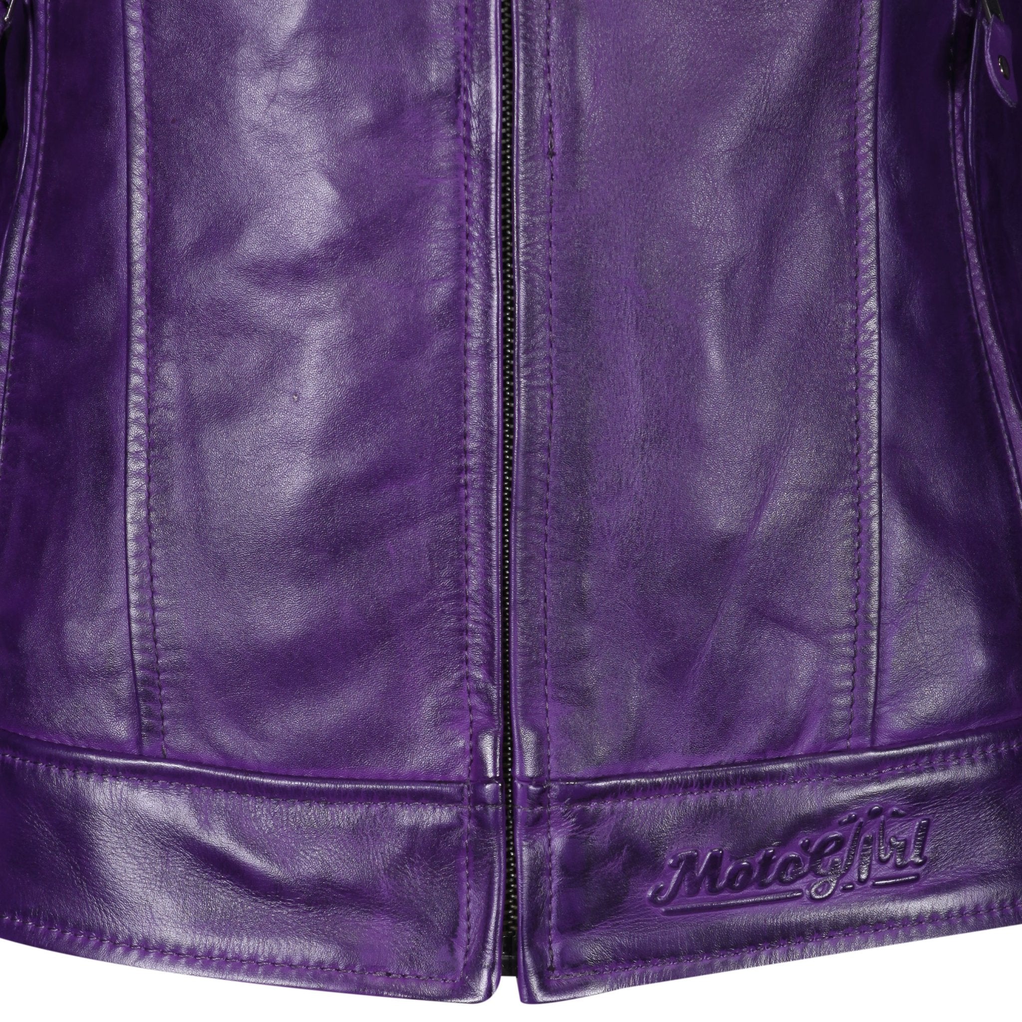 close shot of front zipper  of purple Valerie leather jacket 