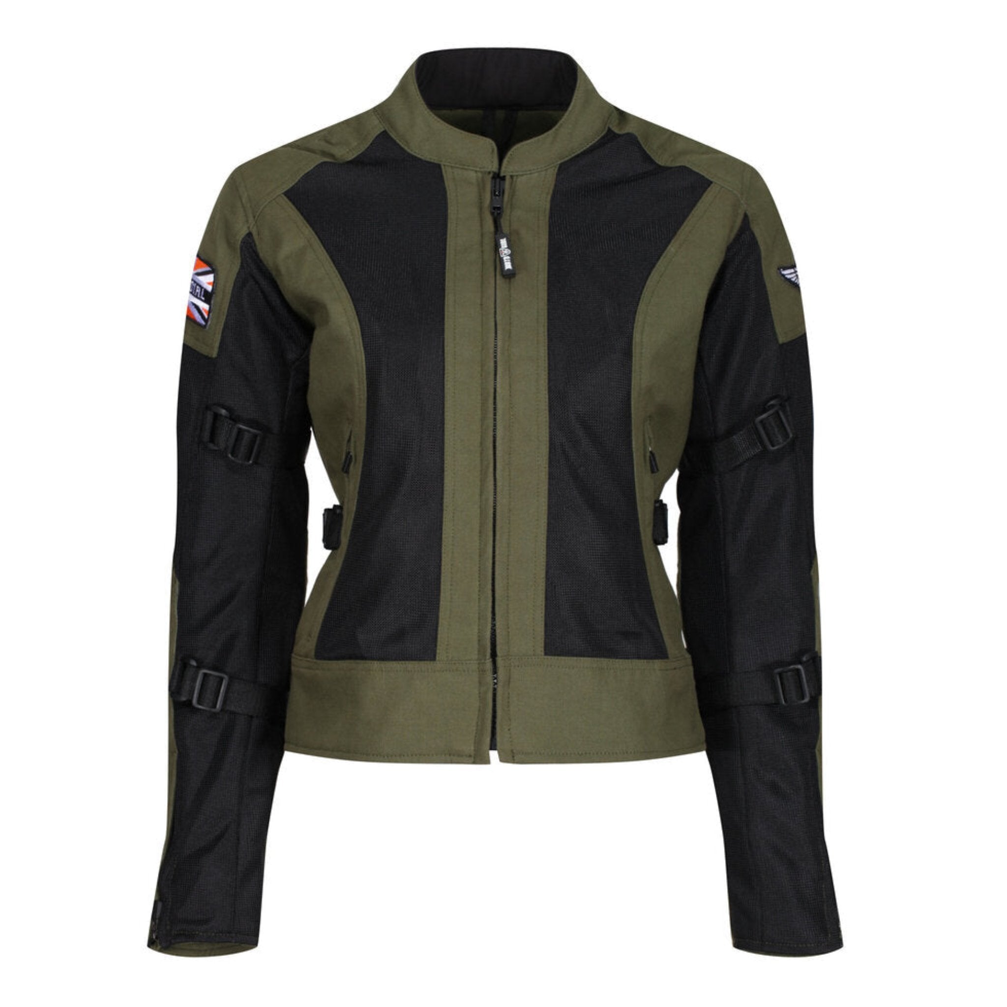 The front of Women's motorcycle summer mesh jacket in black and green from Moto Girl