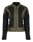 The front of Women's motorcycle summer mesh jacket in black and green from Moto Girl