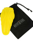 Yellow knee protectors and a black bag with moto girl logo