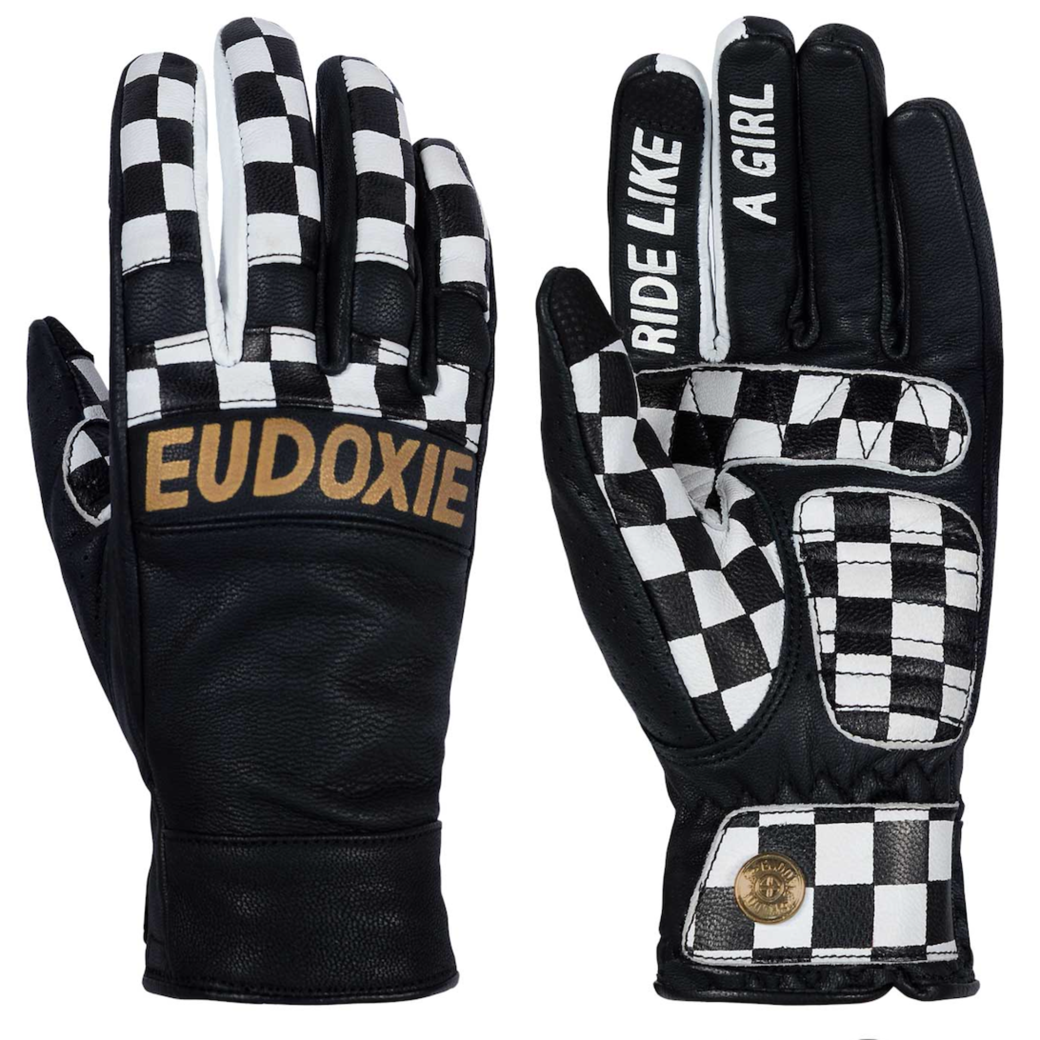 Black and white chessboard motives women's leather motorcycle gloves from Eudoxie