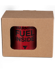 Red mug with "warning fuel inside"logo in a box