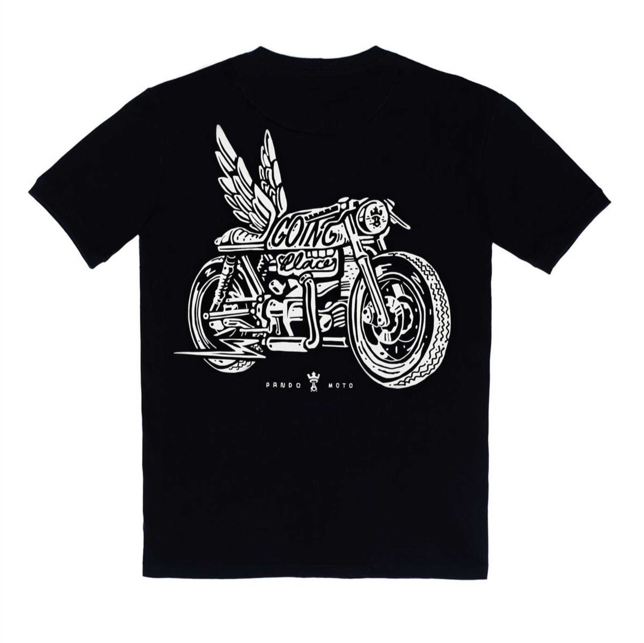 Pando Moto motorcycle t-shirt with the picture of a motorcycle with wings and title that says "going places"